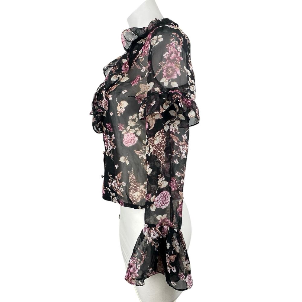 NEW Nasty Gal Black Floral Long Bell Sleeve Sheer Mesh V Neck Blouse Top Size 0 - Picture 4 of 7